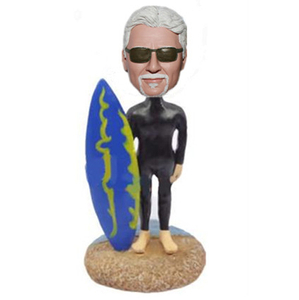 Neoprenanzug, Surfer, Wackelkopf, Brandung, M&auml;nnchen, Mit, Surfbrett